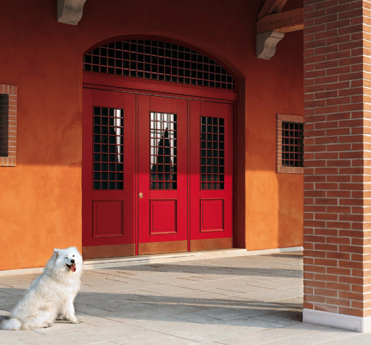 red security door with windows